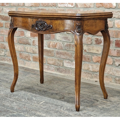 1301 - 19th century French walnut fold over top card table with carved floral detail, H 72cm x W 82cm x D 4... 