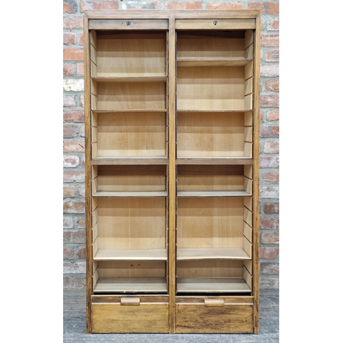 1302 - Vintage 20th century oak double tambour fronted filing cabinet with key, H 150cm x W 81cm x D 35cm