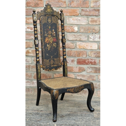 1305 - Victorian ebonised and mother of pearl inlaid side chair with cane seat, H 102cm