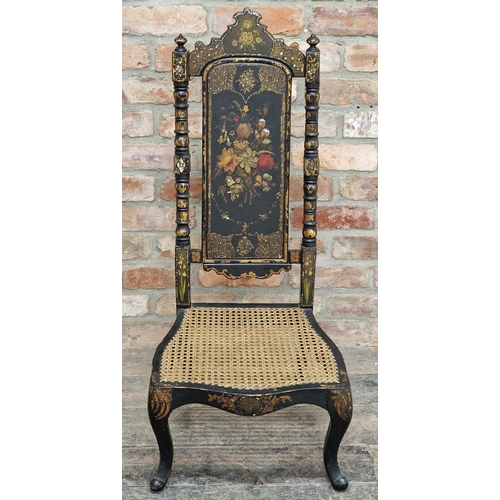 1305 - Victorian ebonised and mother of pearl inlaid side chair with cane seat, H 102cm