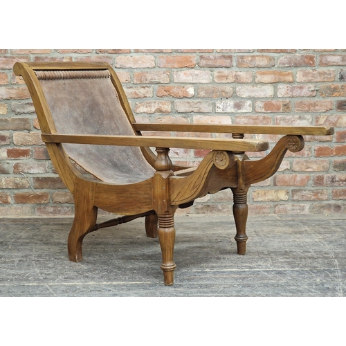 1311 - 20th century Dutch Colonial teak plantation chair with leather seat, H 95cm (AF)