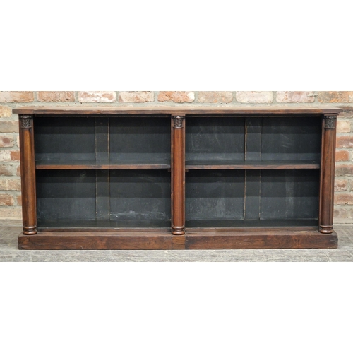 1313 - Regency rosewood open bookcase with Corinthian column pilasters, H 72cm x W 166cm x D 31cm