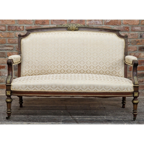 1320 - A good quality pair of 19th century French mahogany and giltwood sofas, raised on turned supports, H... 