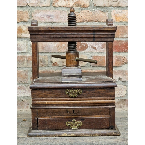 1322 - 19th century oak table top book press with two drawers, H 64cm x W 45cm x D 33cm