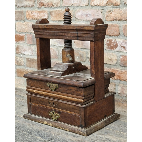 1322 - 19th century oak table top book press with two drawers, H 64cm x W 45cm x D 33cm