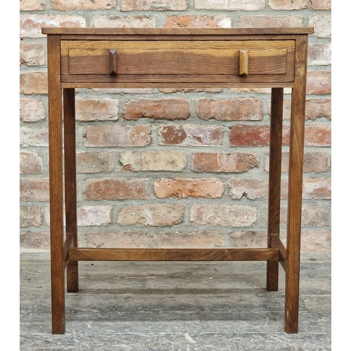 1323 - Cotswold School style oak side table with frieze drawer, H 76cm x W 64cm x D 40cm