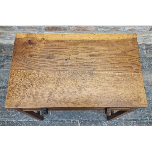 1323 - Cotswold School style oak side table with frieze drawer, H 76cm x W 64cm x D 40cm