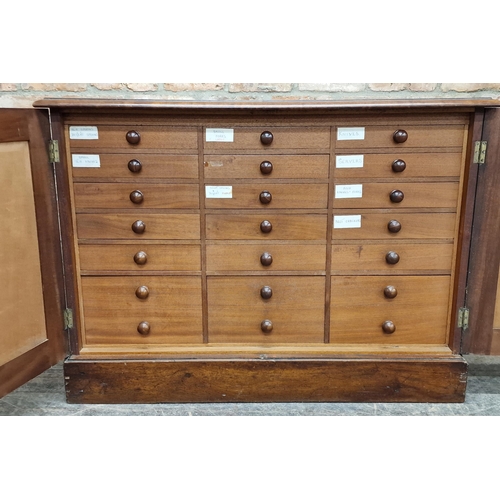 1324 - 19th century mahogany collectors cabinet, the two hinged doors enclosing a bank of eighteen fitted d... 