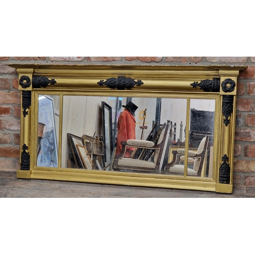 1435 - 19th century gilt triptych overmantle mirror with ebonised detail, H 72cm x W 143cm