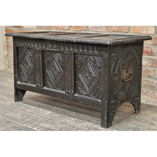 1332 - 18th century carved oak three panel coffer with hinged lid and twin wrought iron carry handles, H 58... 