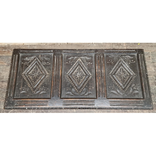 1332 - 18th century carved oak three panel coffer with hinged lid and twin wrought iron carry handles, H 58... 