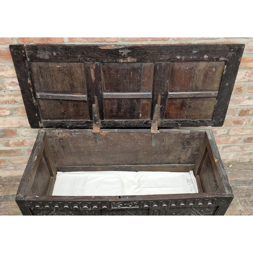 1332 - 18th century carved oak three panel coffer with hinged lid and twin wrought iron carry handles, H 58... 