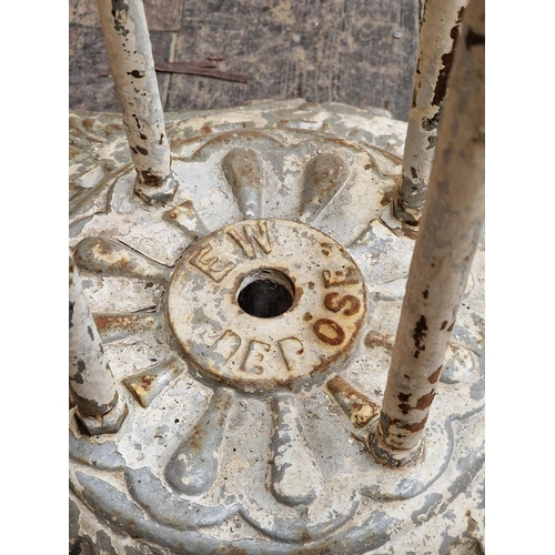 1006 - 20th century French painted iron garden table with glass top, raised on paw feet, stamped Ew Depose,... 