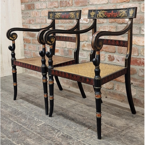 1337 - Pair of Regency style ebonised armchairs with cane seats and gilt painted decoration, H 85cm (2)