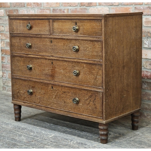 1338 - 19th century oak chest of two short over three long graduated drawers, raised on turned supports, H ... 