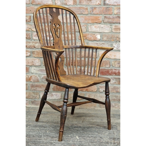 1351 - 19th century ash and elm hoop and stick back Windsor armchair with pierced Prince of Wales Feathers ... 