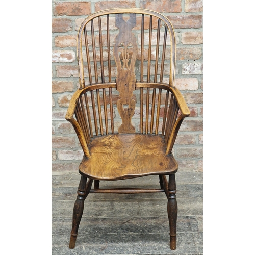 1351 - 19th century ash and elm hoop and stick back Windsor armchair with pierced Prince of Wales Feathers ... 