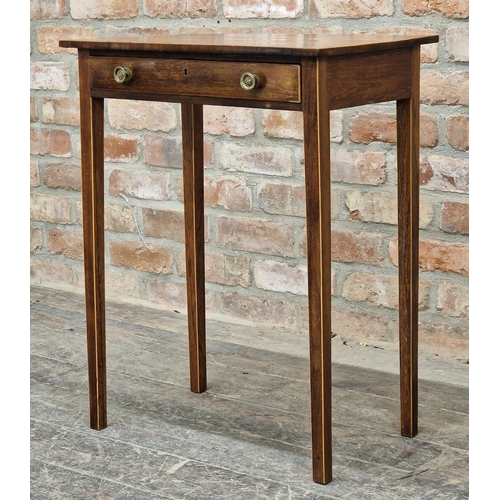 1355 - 19th century mahogany inlaid side table with single frieze drawer, H 73cm x W 56cm x D 36cm