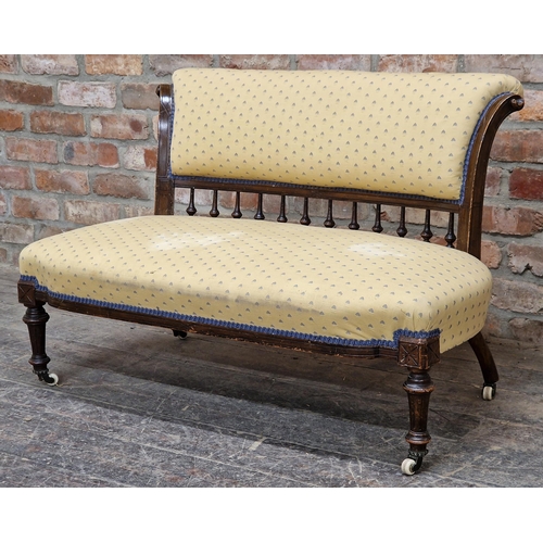 1357 - Victorian mahogany upholstery salon sofa with gallery back raised on ceramic castors, H 67cm x W 106... 