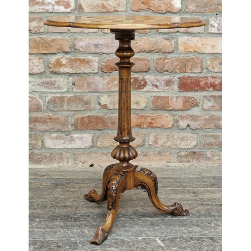 1359 - Victorian walnut games table on tripod base with carved detail and inlaid chessboard top, H 75cm x W... 