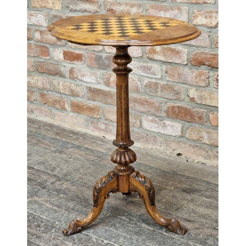 1359 - Victorian walnut games table on tripod base with carved detail and inlaid chessboard top, H 75cm x W... 