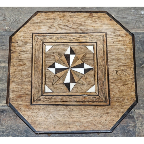 1361 - Small Arts and Crafts Liberty style parquetry inlaid octagonal side table, H 42cm x W 34cm x D 34cm