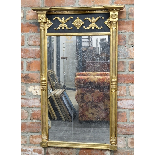 1423 - English Regency period gold gilt and black frieze pier mirror, 97cm x 63cm