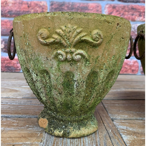 479 - Pair of twin handled terracotta miniature planters, H 19cm