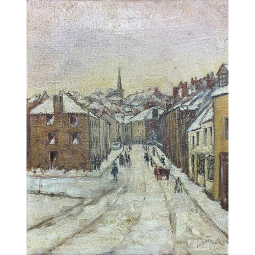 1547 - E* E* Davies (early 20th century) - Snowy town scene with matchstick figures, signed, oil on canvas,... 