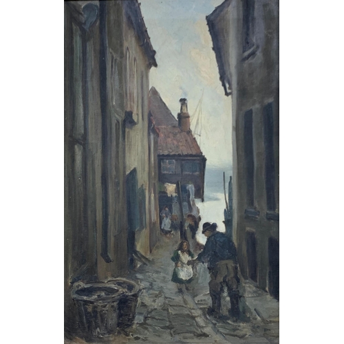 1549 - Early 20th century school - Harbour scene with figure, possibly Newlyn, unsigned, oil on canvas, 40 ... 