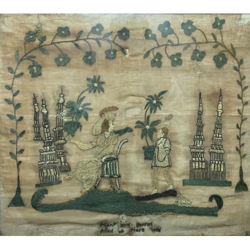 1551 - William IV silkwork picture by Mary Ann Bennett aged 14?, a seated lady being brough a plant in a pa... 