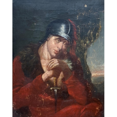 1554 - 19th century school - Classical portrait of a soldier holding a dagger, 45 x 35cm, period gilt frame