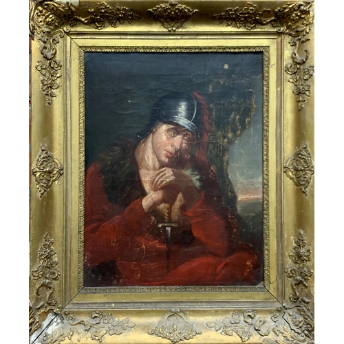 1554 - 19th century school - Classical portrait of a soldier holding a dagger, 45 x 35cm, period gilt frame