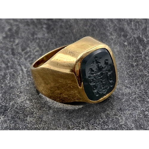 92 - Victorian period Czech 14ct bloodstone intaglio Heraldic bloodstone signet ring, bloodstone seal wit... 