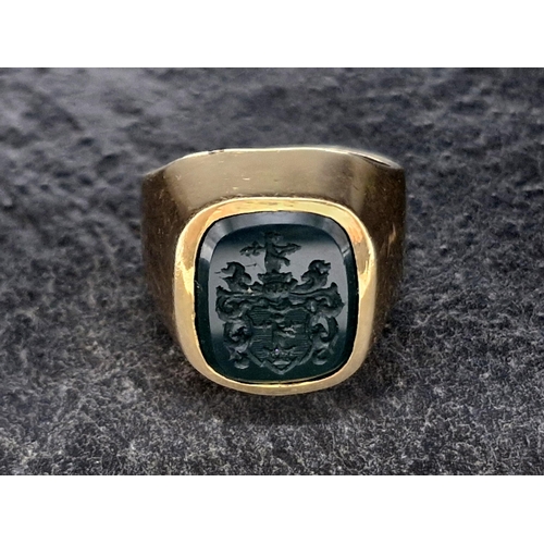 92 - Victorian period Czech 14ct bloodstone intaglio Heraldic bloodstone signet ring, bloodstone seal wit... 