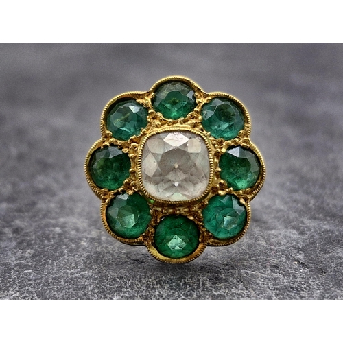 94 - 19th century Indian 22ct green and white paste set cluster ring, size M, 7g