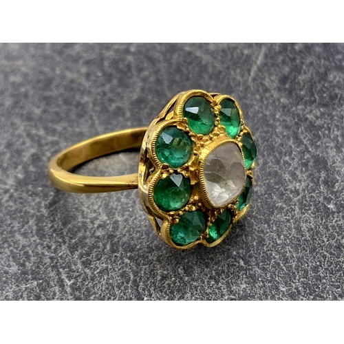 94 - 19th century Indian 22ct green and white paste set cluster ring, size M, 7g