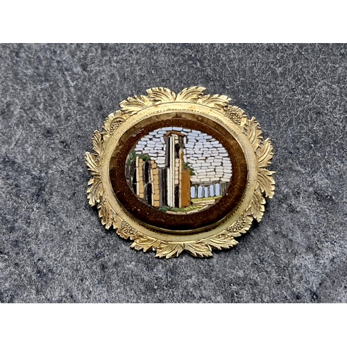 95 - Regency period 15ct Grand Tour micro mosaic brooch, decorated with classical ruins, 2.4 x 2.7cm, 6.1... 