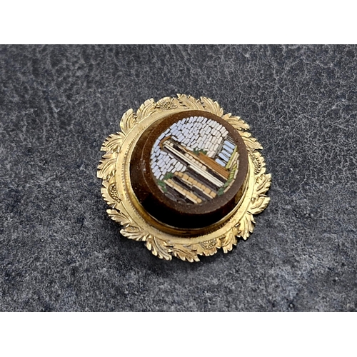 95 - Regency period 15ct Grand Tour micro mosaic brooch, decorated with classical ruins, 2.4 x 2.7cm, 6.1... 