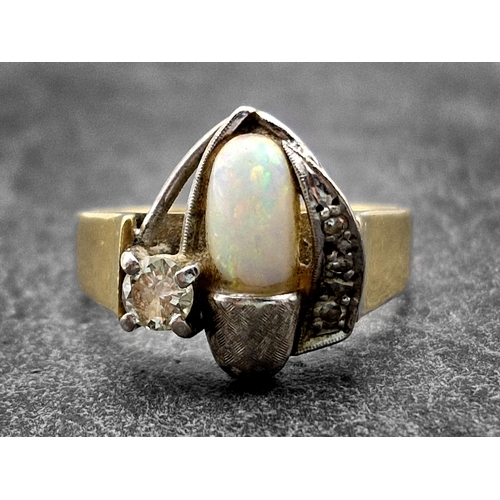 97 - Art Deco 18ct, platinum and palladium fire opal and diamond ring, unusual design, largest diamond .2... 