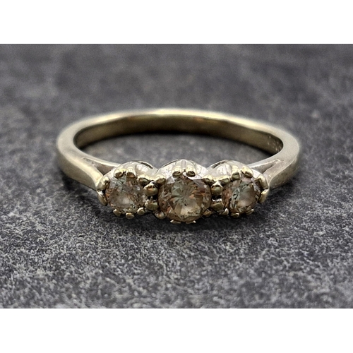 98 - 18ct diamond three stone ring, each stone .10ct approx, size N/O, 3.4g