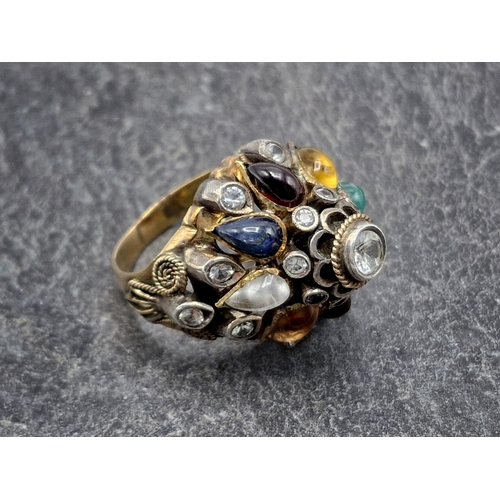 100 - Austro-Hungarian 14ct mixed gemstone cocktail confetti type ring, to include garnet, citrine, tigers... 