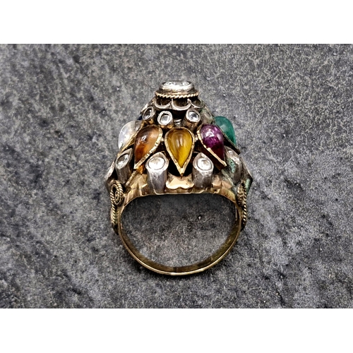 100 - Austro-Hungarian 14ct mixed gemstone cocktail confetti type ring, to include garnet, citrine, tigers... 