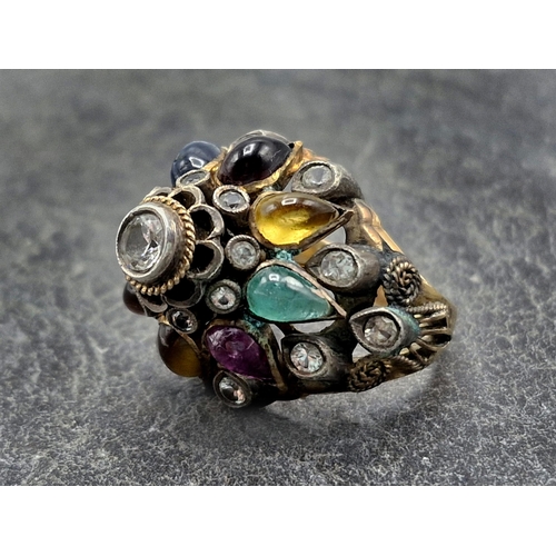 100 - Austro-Hungarian 14ct mixed gemstone cocktail confetti type ring, to include garnet, citrine, tigers... 