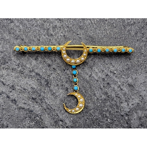 104 - Victorian 9ct turquoise and seed pearl drop crescent moon sweetheart brooch, 6 x 3.5cm, 5.1g