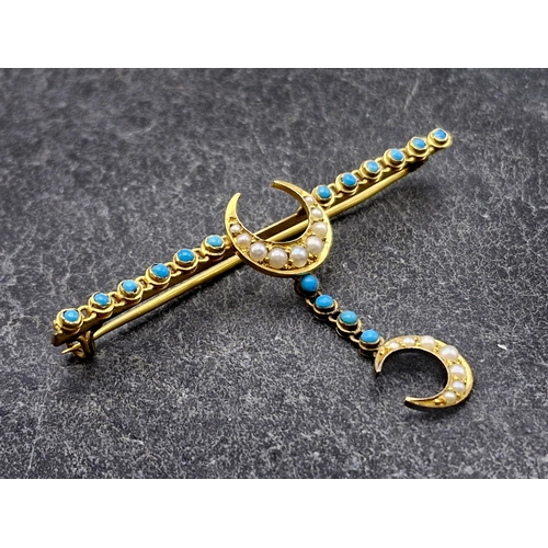 104 - Victorian 9ct turquoise and seed pearl drop crescent moon sweetheart brooch, 6 x 3.5cm, 5.1g