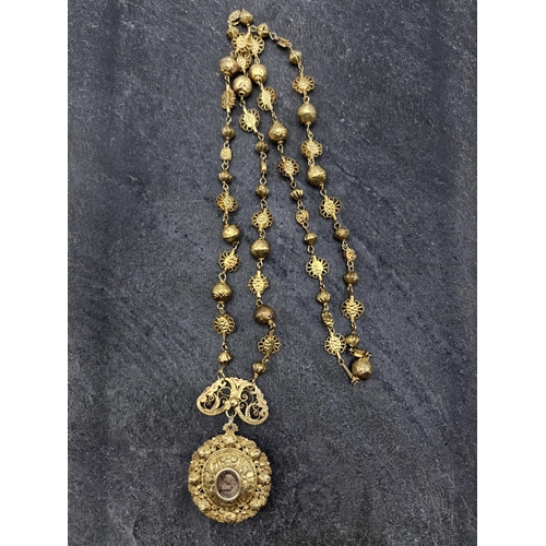 108 - Early Spanish colonial Philippines sterling silver gilt necklace and filigree locket pendant with wo... 