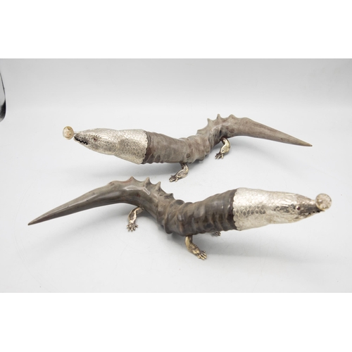 185 - Edwardian solid silver & horn mounted novelty pair of lizard table cigar lighters, two blackbuck ant... 