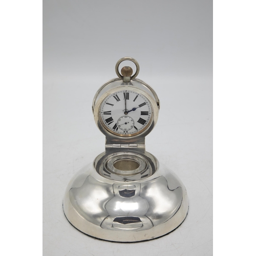 188 - Good quality Edwardian novelty capstan inkstand fitted with a goliath pocket watch, the hinged lid w... 