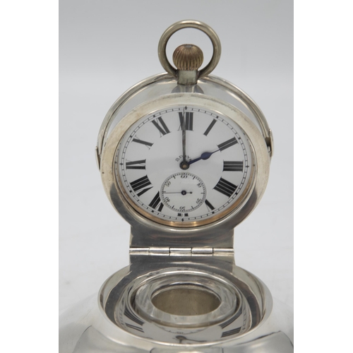 188 - Good quality Edwardian novelty capstan inkstand fitted with a goliath pocket watch, the hinged lid w... 